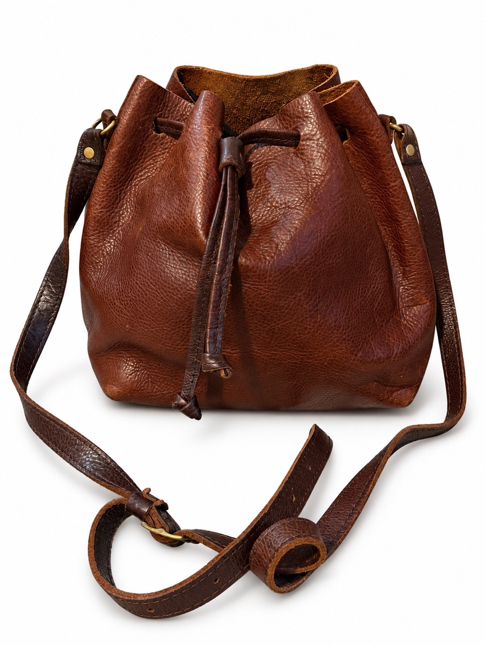 Portland Leather Goods Brown Leather Drawstring Bucket Crossbody Bag